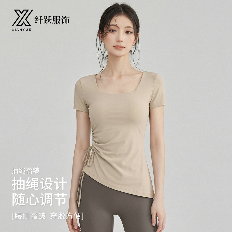 2026 New Style Yoga Short-Sleeved Women's Sports Running Waist-Cinching Side Drawstring Pleated Yoga Top for Women Wholesale