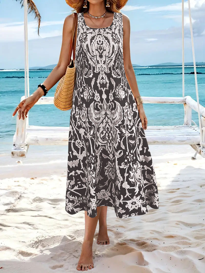 2025 Cross-Border Foreign Trade Bohemian Printed For Women, Summer Fashionable Elegant Round Neck Sleeveless Long Dress_ecoleips.com
