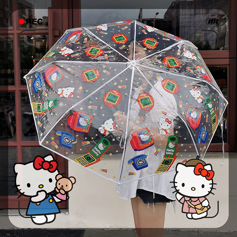 电话凯蒂猫KT韩版透明印花雨伞全自动日系卡通男女折叠学生网红伞