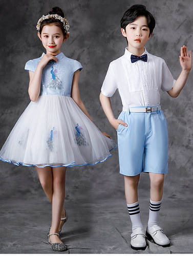 Children girls blue color jazz dance costumes choir stage performance  princess skirts graduation photos shooting cosplay costumes