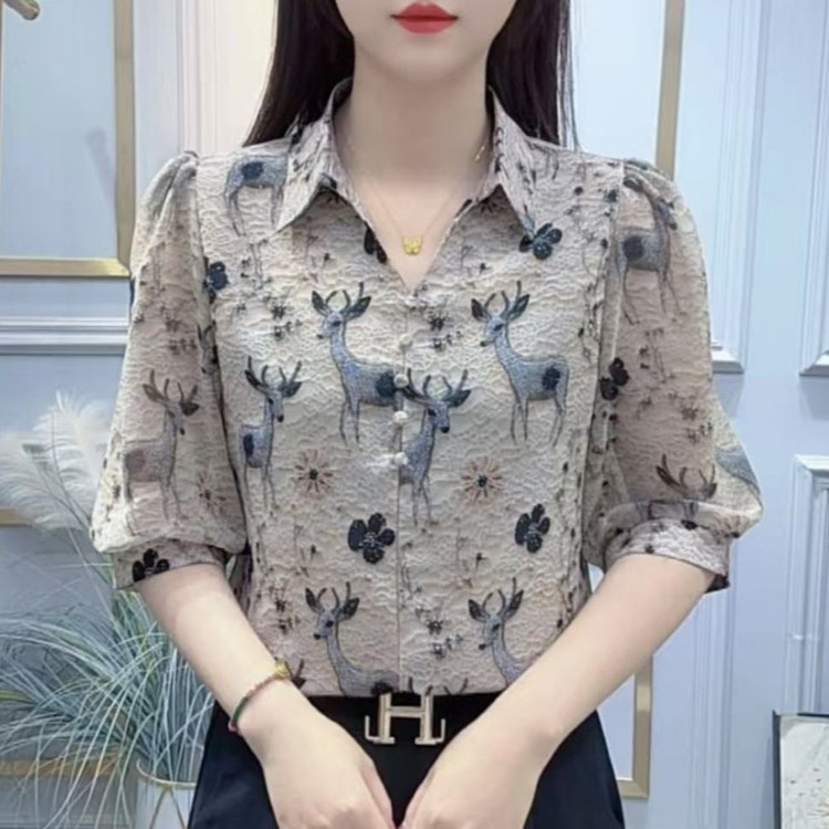 ドロップシッピング花柄シャツ 2025 夏の新しいファッション多用途気質痩身五分袖シャツ年齢を減らす女性のための|undefined