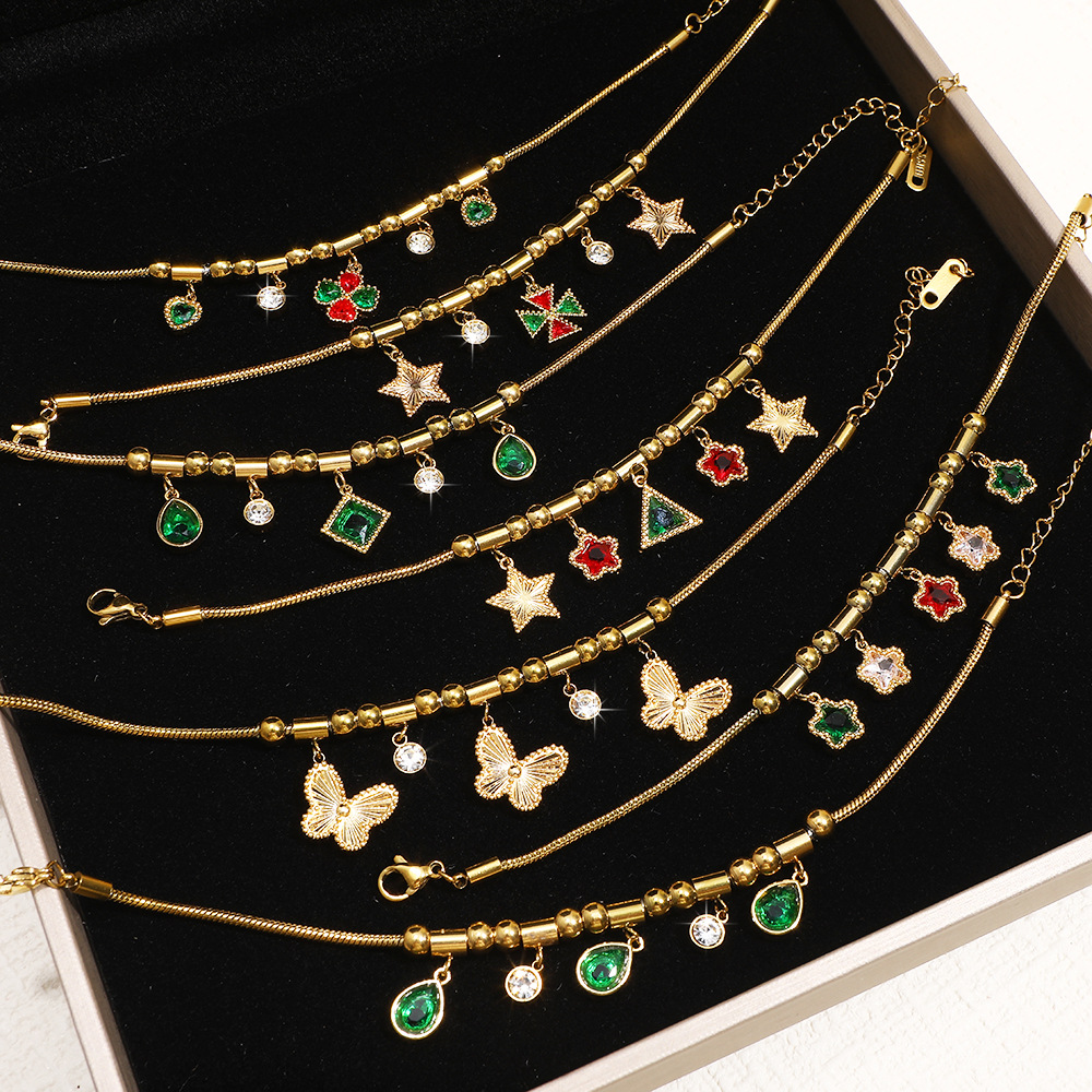 European And American Cross-Border Star Flower Butterfly Stainless Steel New Beaded Bracelet Emerald Zircon Fashion_voghion.com