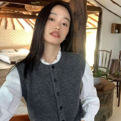 pusumede 灰色圆领毛衣马甲女开衫秋冬百搭叠穿坎肩针织背心上衣