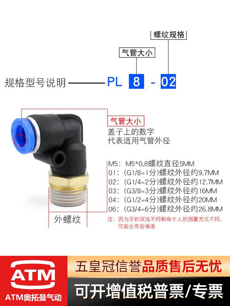 气动气管气缸快速快插接头螺纹弯头PL8-02/4-M5/6-01/10-03/12-❇