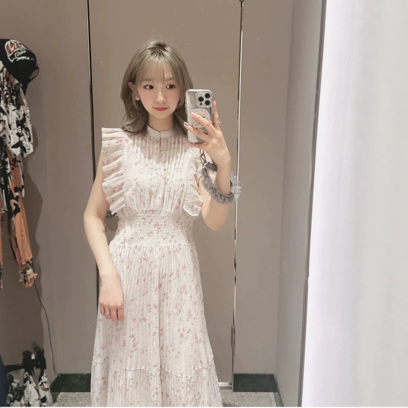 【Yibai】Japanese New Product Chen Duling Same Style Small Flutter Sleeve Floral Pleated Long Dress 25036
