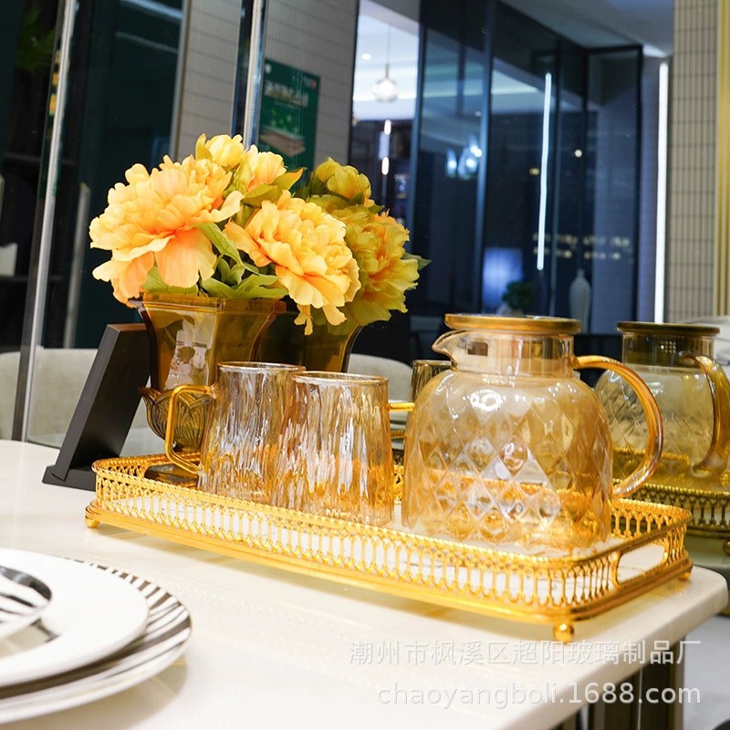 轻奢金色长方形铁艺钢化玻璃工艺托盘客厅桌面收纳盘蛋糕装饰盘