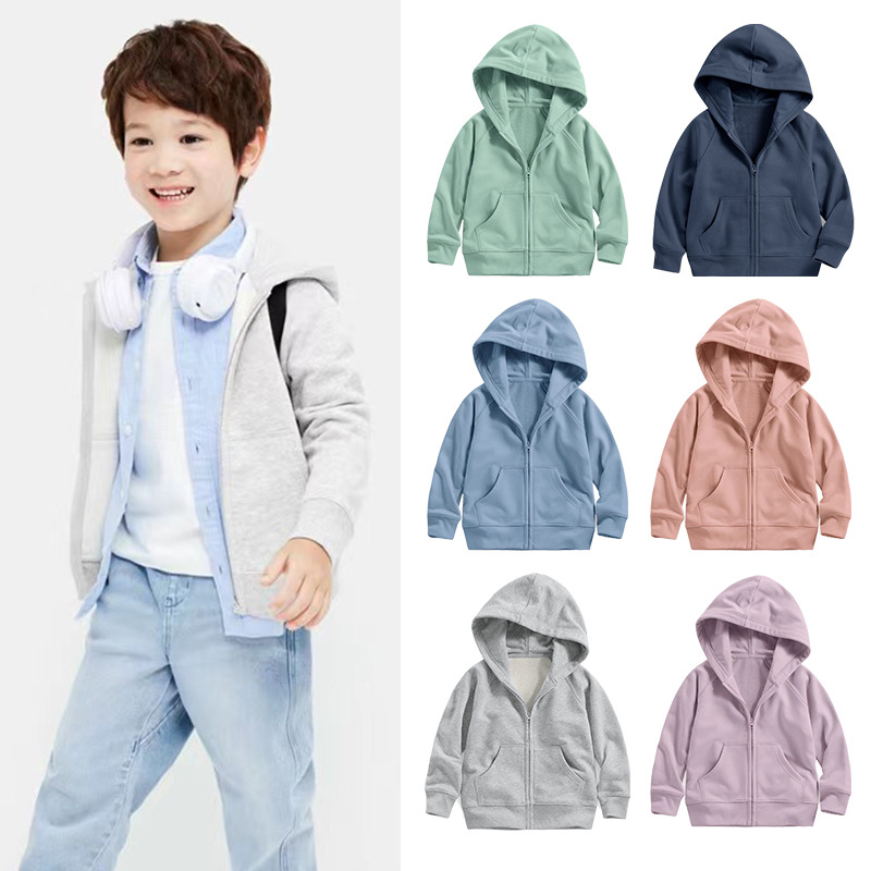 Spring and Autumn Children's Zip-Up Jackets, Boys and Girls Hooded Sweatshirts, Pure Cotton Terry Jackets, Cotton Terry Tops, Casual Children's Clothing
