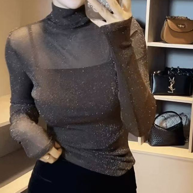 Mesh sequined turtleneck base layer top for women, 2026 spring and autumn, versatile, slim fit, stylish, long-sleeved t-shirt top.
