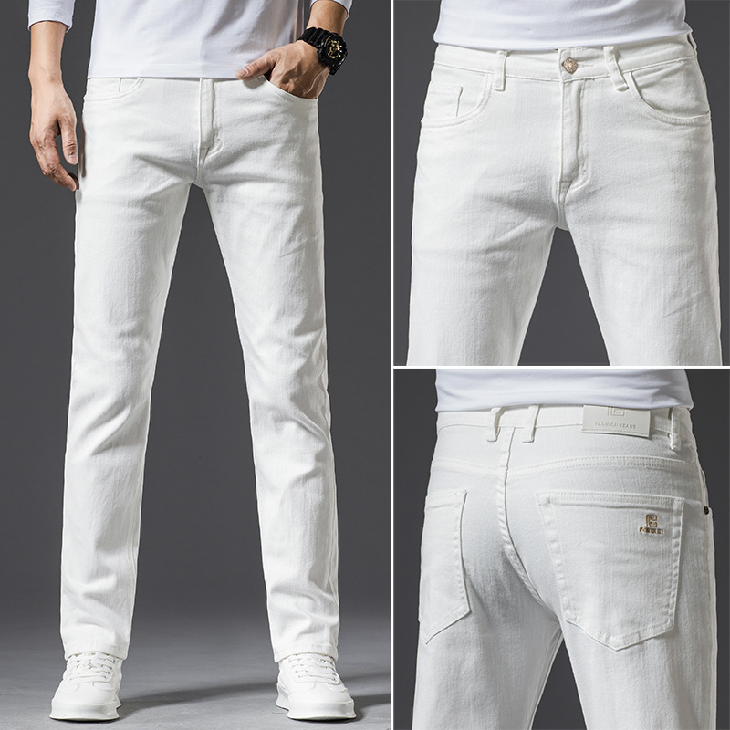 Straight-Leg Jeans, White Casual Jeans, Autumn and Winter High-End Ivory White Men's Slim Straight-Leg Trendy Brand Versatile Pants Straight-Leg Jeans, White Casual Jeans, Autumn and Winter High-End Ivory White Men's Slim Straight-Leg Trendy Brand Versatile Pants