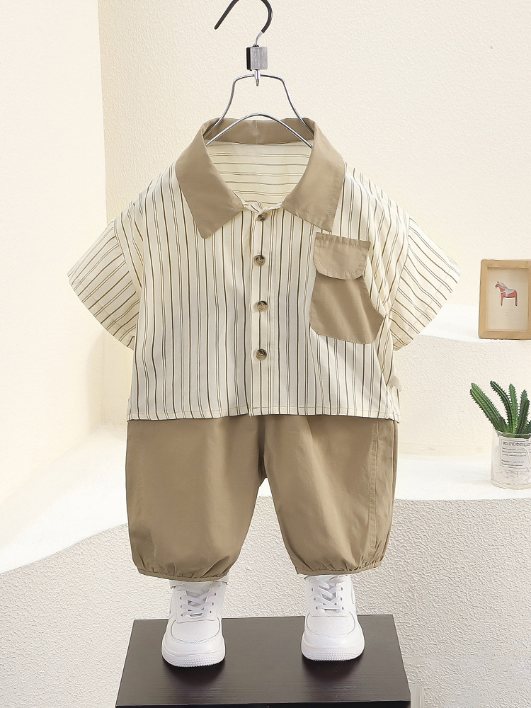 7926 traje de camisa de verano para niños, traje de dos piezas de manga corta fresco y guapo para niños 2024 nueva moda de ropa de verano para bebés