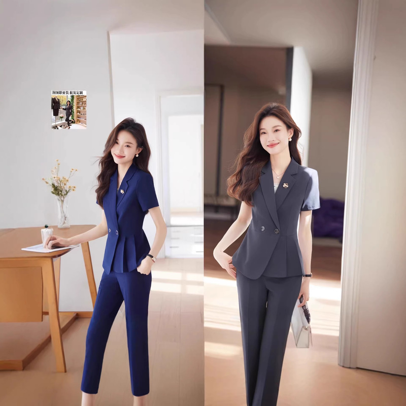 Professional Women's Summer Thin Short-Sleeve Suit for Petite Figures, Suitable for Real Estate Agents, Jewelry Stores, and Beauty Salon Workwear