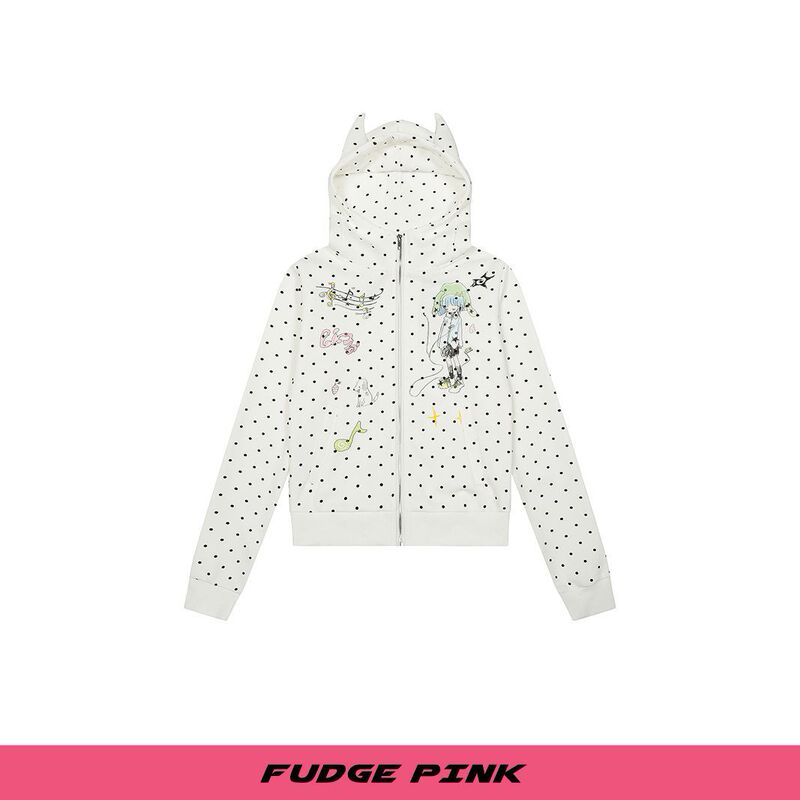 Fudge Pink 25秋季New甜美少女趣味波点图案连帽卫衣外套|undefined