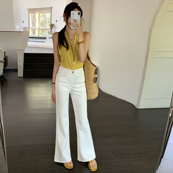 早秋新款米白色喇叭阔腿裤女时髦气质高腰直筒宽松女式牛仔裤显瘦|undefined