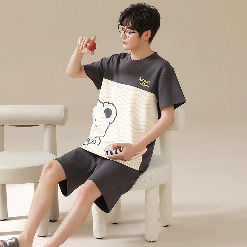 Men's Pajamas Summer Imitation Cotton Short-Sleeved 2025 New Men's Two-Piece Set Large Size Summer Youth Home Wear Set