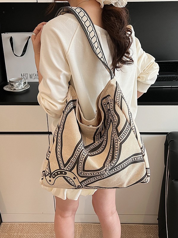Bolsos para mujer 2025 nuevo estilo con estampado de lino de gran capacidad bolso de viaje casual tendencia perezosa bolso de hombro simple de viaje