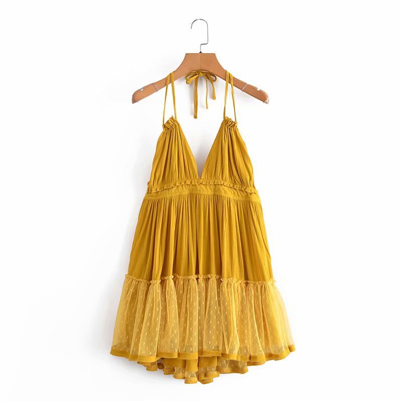 Europe and the United States wholesale 2021 summer new multi-color lace stitching deep V sexy halter skirt E10-0352 Europe and the United States wholesale 2021 summer new multi-color lace stitching deep V sexy halter skirt E10-0352