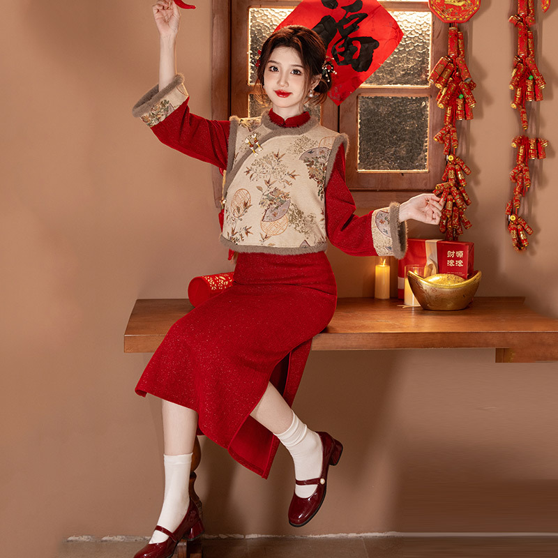 冬款加絨加厚國風中式長款改良旗袍馬甲兩件套裝女復古長袖拜年服