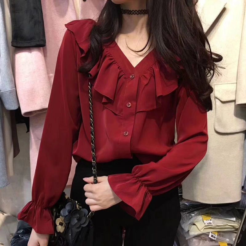 新款春秋季雪纺衫女长袖长袖女设计感宽松小众领荷叶边上衣|undefined