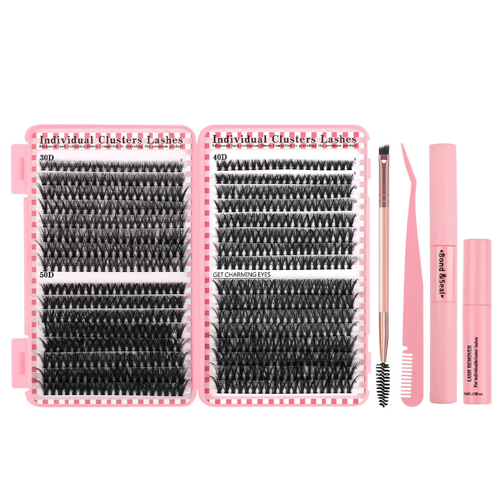 Segmented eyelash extensions tray, pink 570-tuft mixed 30–100D, large capacity DIY kit