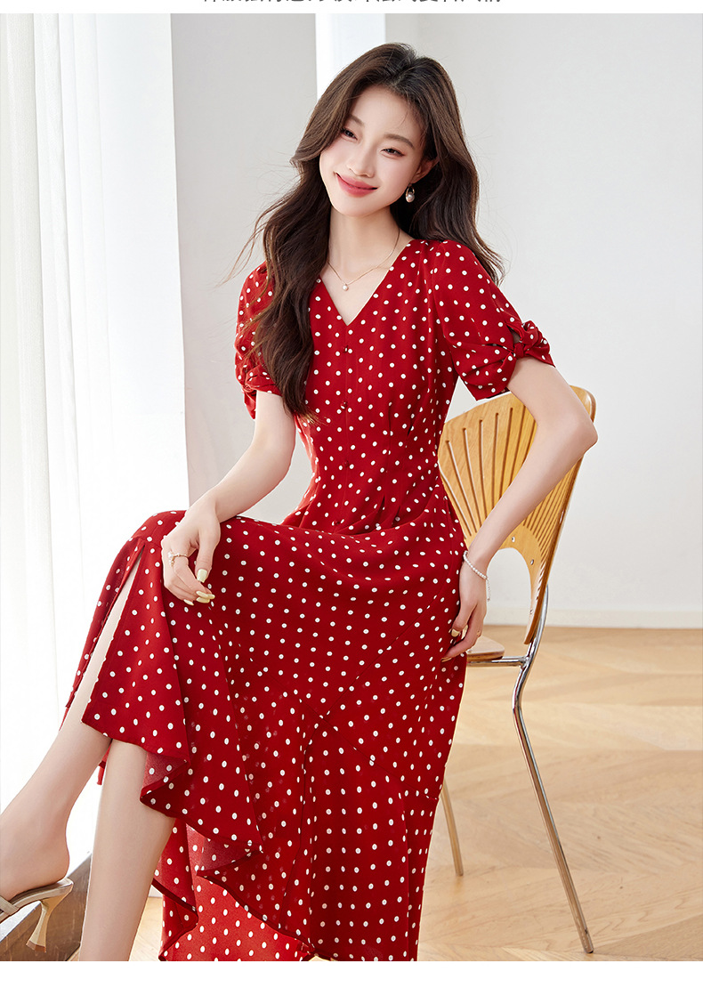 Váy liền chấm bi cổ chữ V dáng dài chiết eo thon gọn — Màu đen, Màu trắng, Màu đỏ chi tiết 8