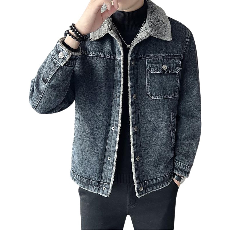 Abrigo de mezclilla para hombre invierno forrado de lana engrosada ropa de hombre 2022 nueva ropa de invierno de moda chaqueta de cuello de piel de cordero abrigo de algodón acolchado