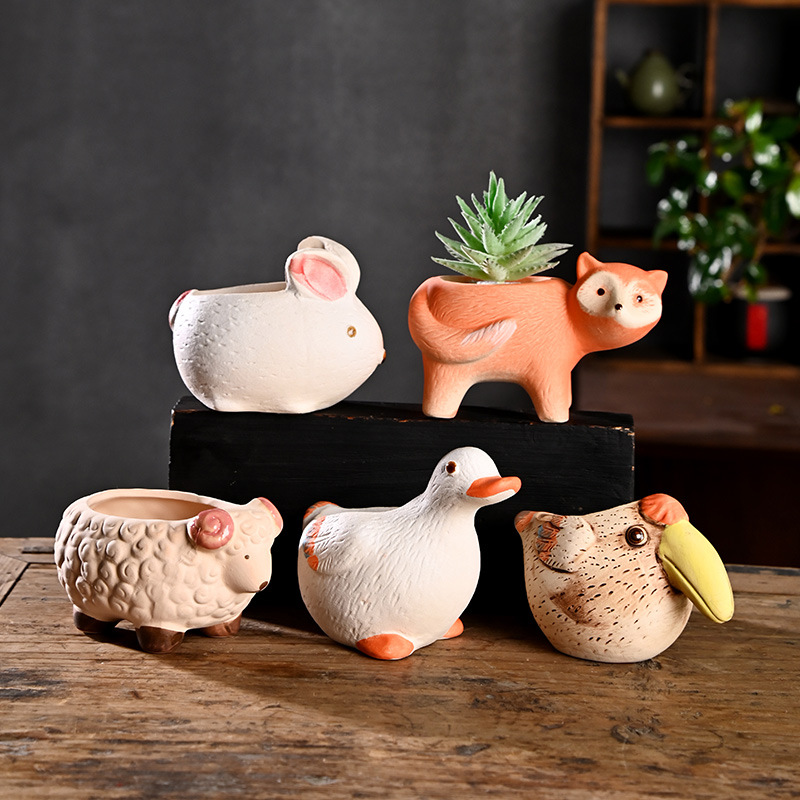 Pequeña caricatura, animal creativo, maceta carnosa, cerámica, arcilla especial para el hogar, maceta de control de raíces de cerámica gruesa, venta al por mayor