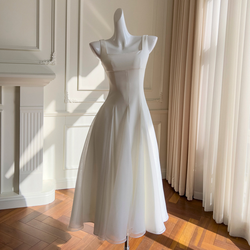 White Strap Dress Gentle Temperament White Dress French Style Socialite Style Slim-fit Waist Sleeveless Long Dress 68462