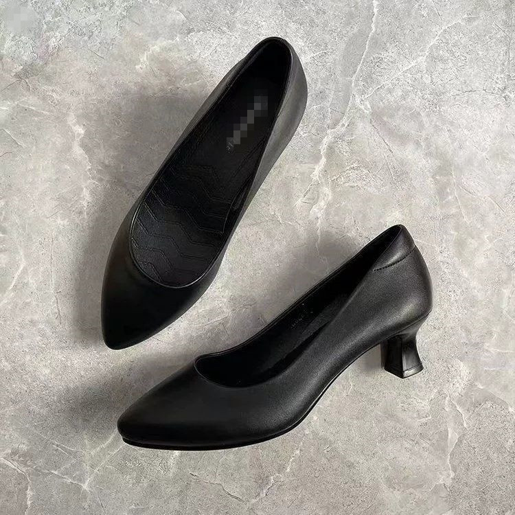 Soft Leather Soft Sole Stewardess White Medium Heel Work Shoes for Women Black Commuter Professional Ladies Business Leather Shoes Flats Women's Shoes