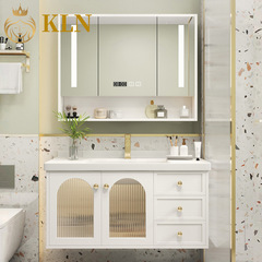 奶白色烤漆實木浴室櫃組合陶瓷盆智能鏡洗漱台 金百盛衛浴2028