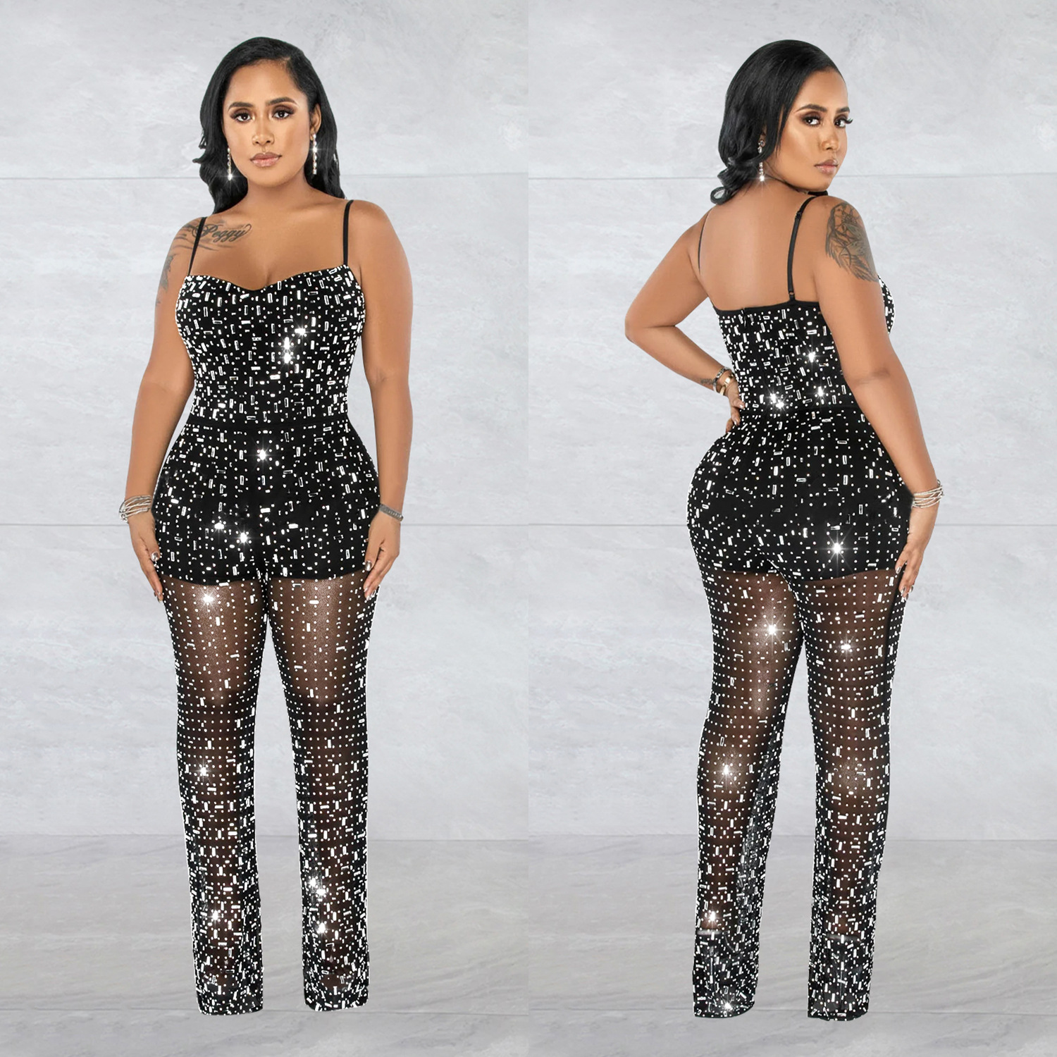 C6556 transfronterizo AliExpress Amazon moda europea y americana ropa de mujer rhinestone malla correa sin mangas pantalones mono image 3