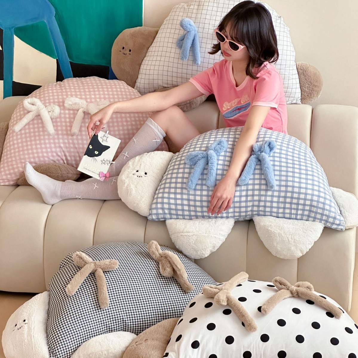 Ins Korean Style Plaid Three-Dimensional Cute Bedside Pillow All Cotton Washable Cotton Dumpling Pillow Removable and Washable Sofa Waist Pillow