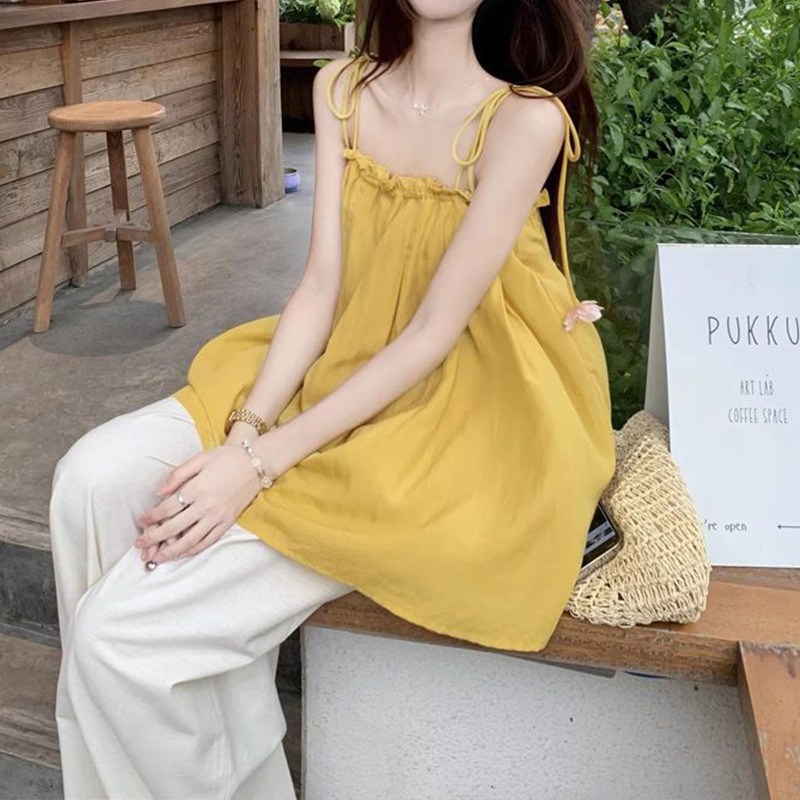 韓国フラワーサスペンダープリーツベスト女性のための 2025 夏の新しいスタイル純粋な欲望スタイル年齢を減らすルーズレースアップアウタートップ|undefined