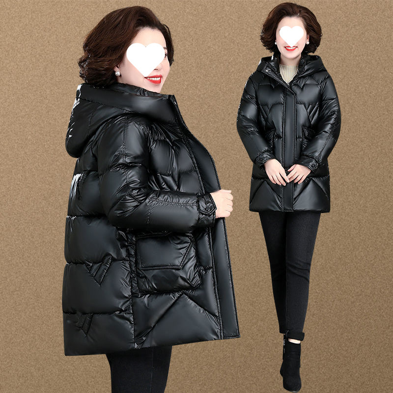 中年妈妈冬装亮面免洗羽绒棉服外套中老年人棉袄女中长款加厚棉衣
