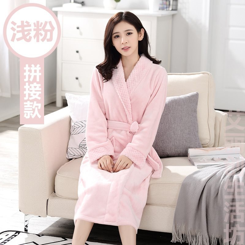 (2개) [남녀 같은 스타일] 가을과 겨울 확장 두꺼운 잠옷 여성 남성 연인 목욕 가운 긴소매 플란넬 목욕 가운