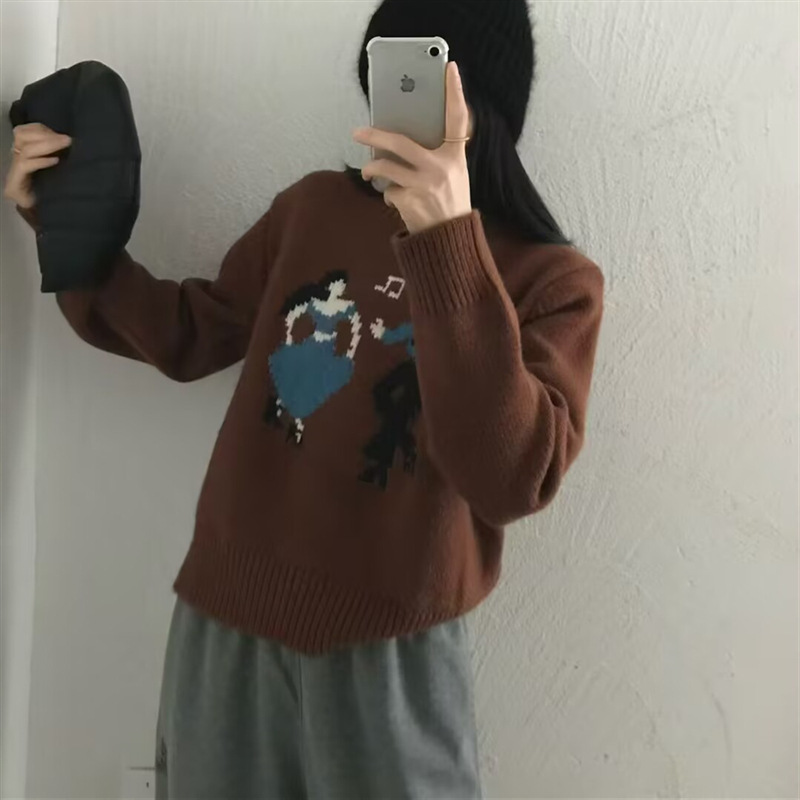 韩版早秋穿搭慵懒风氛围感提花针织衫套头毛衣女秋冬宽松上衣女潮|undefined