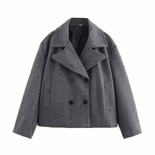 Long-Sleeve Wool Jacket, European Style, Gray, Sizes S–L