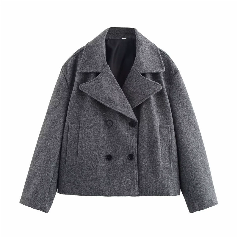 Long-Sleeve Wool Jacket, European Style, Gray, Sizes S–L