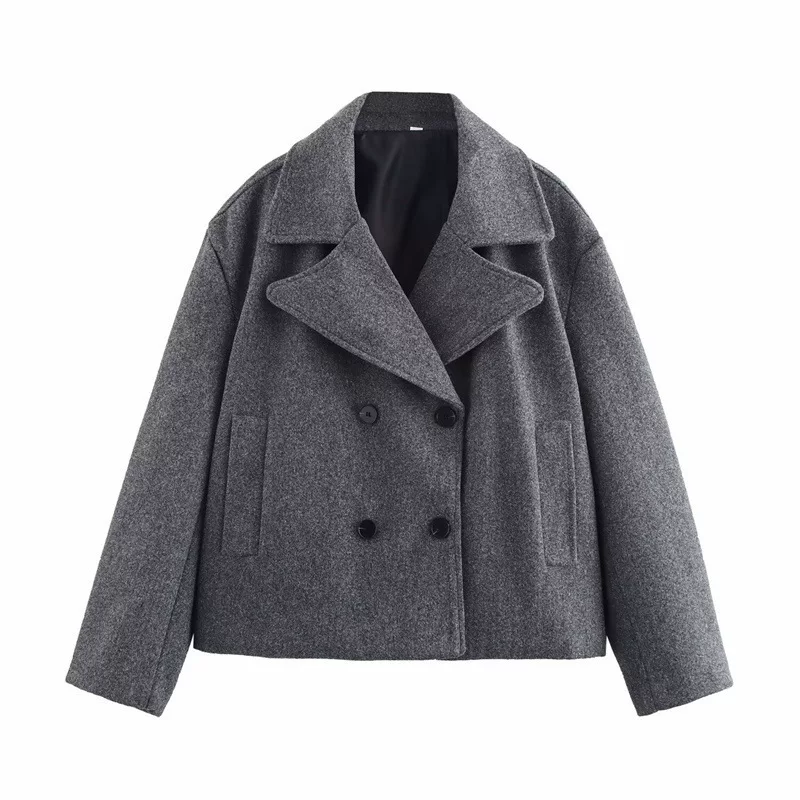 Long-Sleeve Wool Jacket, European Style, Gray, Sizes S–L