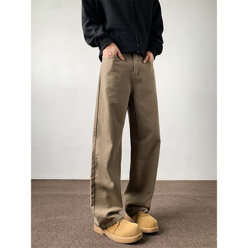 American Retro Brown Jeans for Men, New Trendy Brand, Loose Straight Versatile Cleanfit Straight Long Pants for All Seasons