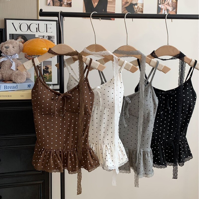 New Korean-Style Sweet Polka Dot Camisole with Fashionable Lace Neckband and Ribbon Design, Built-In Chest Pad Top for Women New Korean-Style Sweet Polka Dot Camisole with Fashionable Lace Neckband and Ribbon Design, Built-In Chest Pad Top for Women