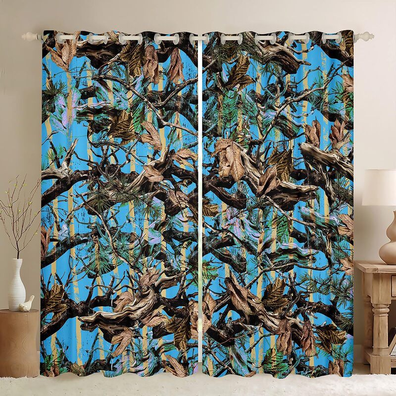 Cross-Border Outdoor Hunting Blue and Brown Plant and Tree Pattern Digital Printed Curtains for Bedroom and Living Room, Wholesale from Manufacturer