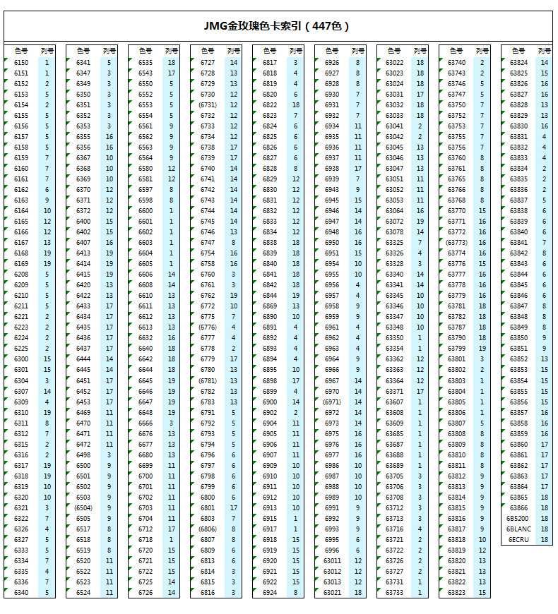 JMG 棉线色卡索引
