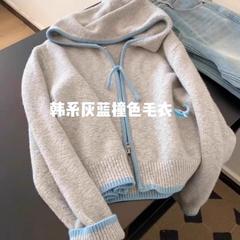 欧货连帽气质针织开衫女2025新款秋季新款撞色拉链休闲软糯毛衣