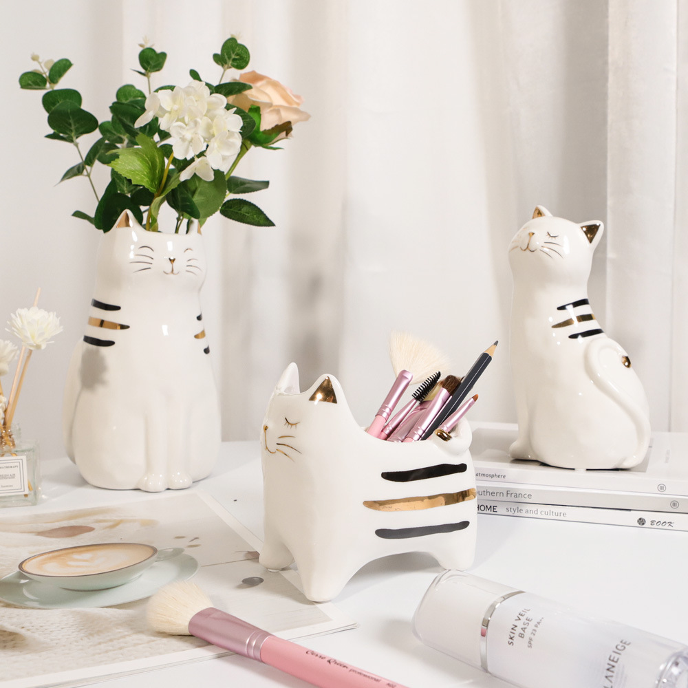 现代创意可爱猫咪花瓶摆件陶瓷客厅简约插花小装饰电视柜家居饰品