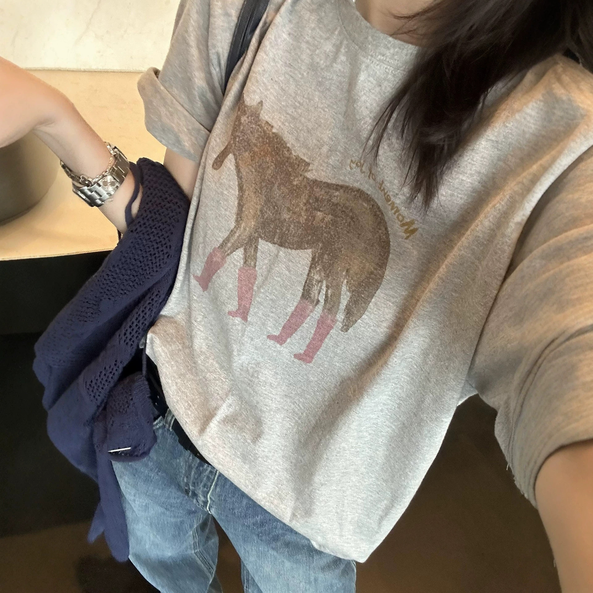 Korean Dongdaemun 2026 Spring/Summer New Color-Block Pony Print Short-Sleeve T-Shirt for Women, Loose and Casual Top