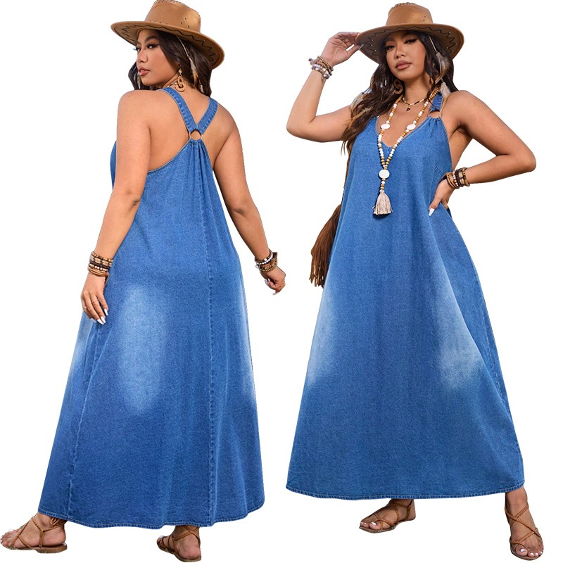 European and American Cross-Border Plus-Size Women's Clothing Amazon Summer Elegant French-Style Deep V-Neck Sleeveless Halter Backless Women's Dress