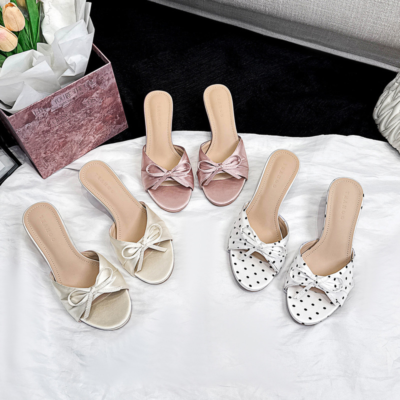 1812-5 Polka Dot High Heels, Stiletto Slippers for Women, Summer Retro Love Bow French Open-Toe Sandals