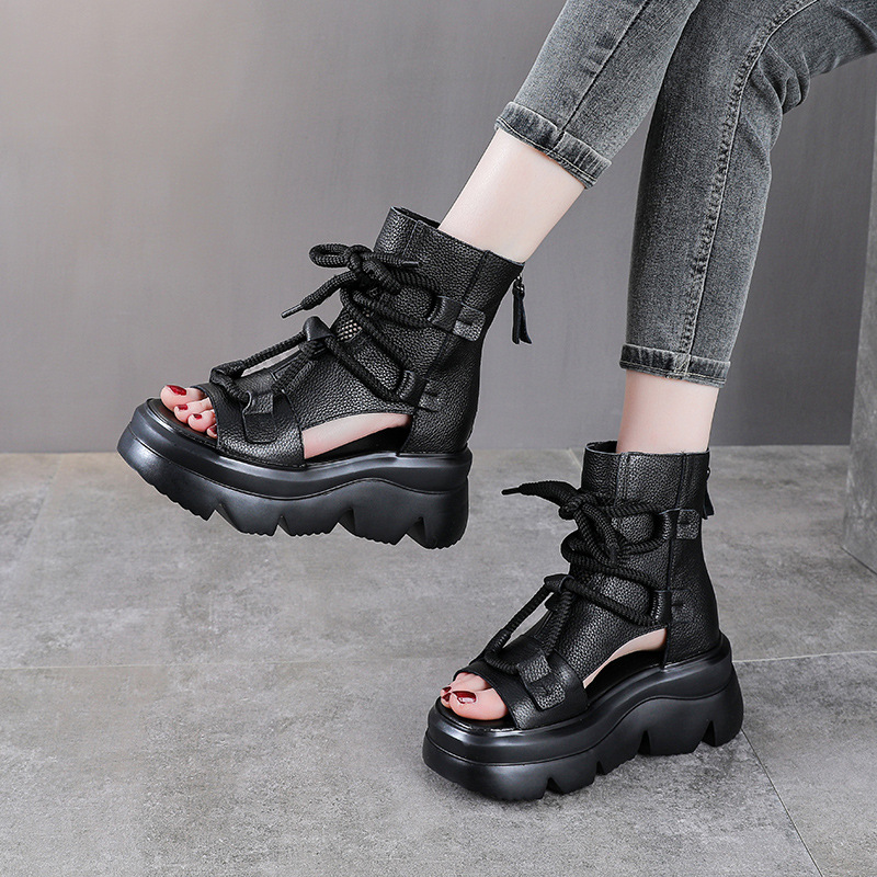 Sandal cao gót nữ mũi hở phong cách La Mã đế xuồng da thật quai buộc cổ điển — màu đen