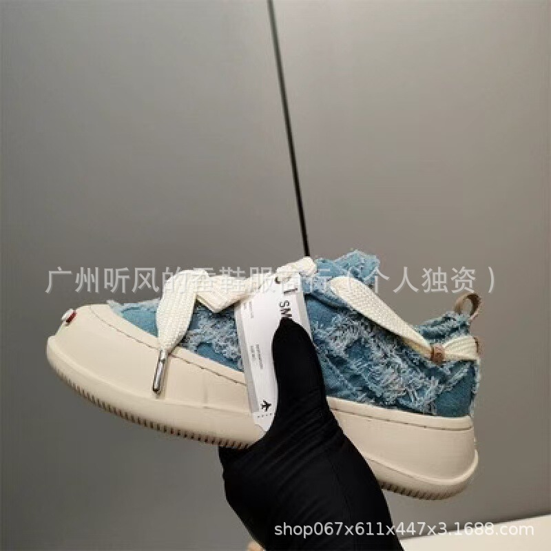 檀健次同款帆布鞋绑带 开口笑系带厚底增高板鞋 时尚潮流帆布女鞋|undefined