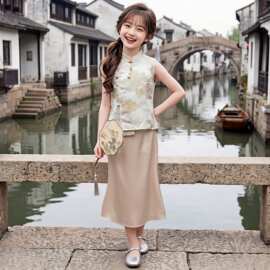 女童连衣裙夏装新中式风国风汉服儿童夏季裙套装小女孩唐装半身裙